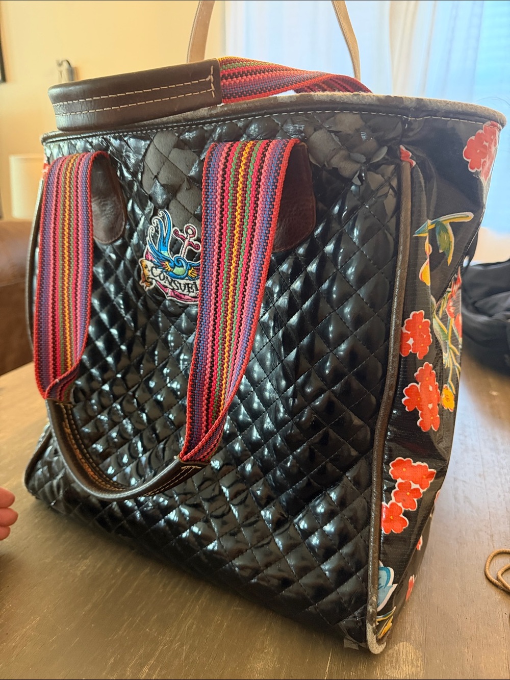 Desigual Black Quilted Tote with Multicolor Striped Handles and Floral Panels - Picture 1 of 3